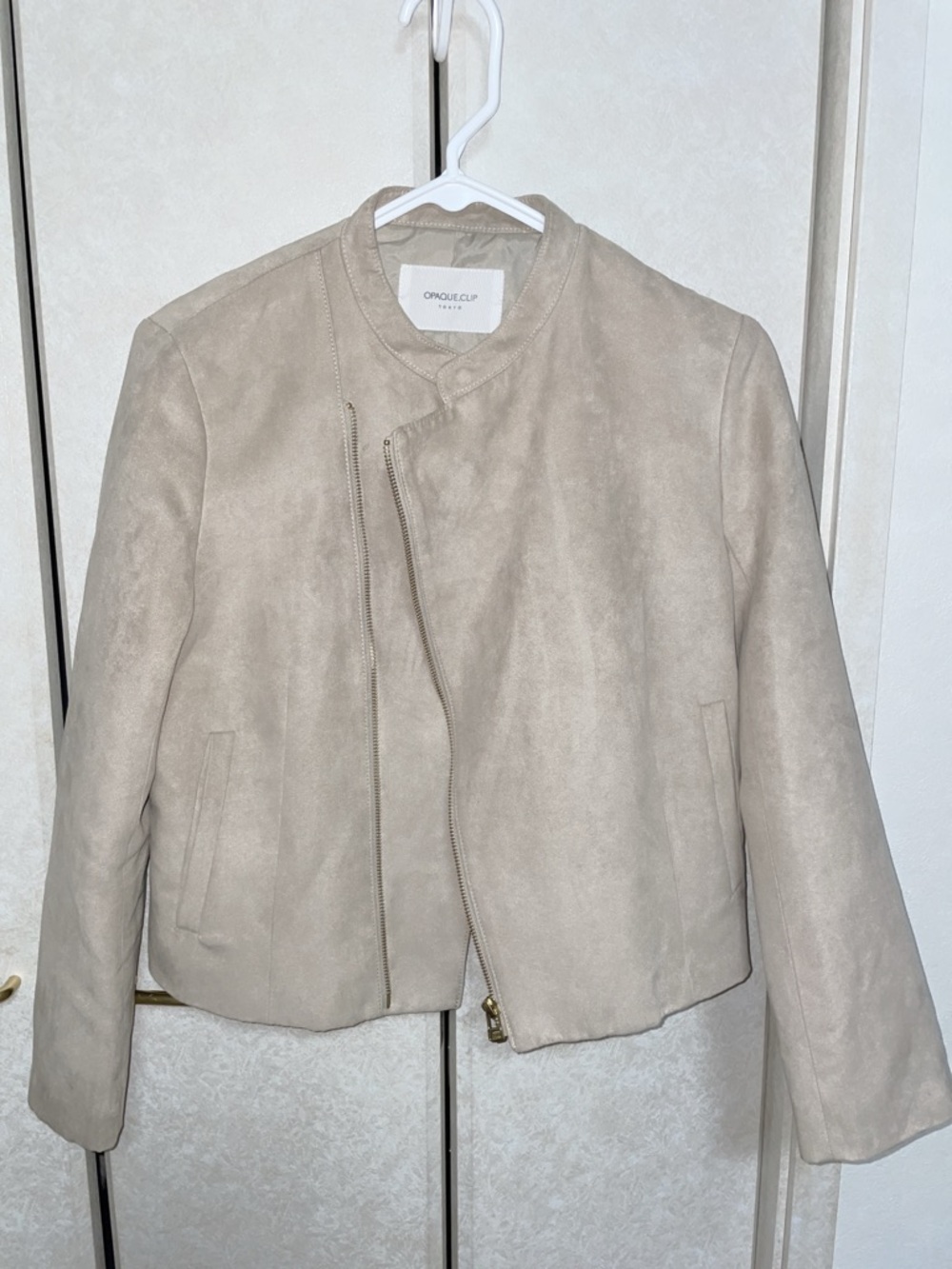 Neutral Beige Suede Moto Jacket by